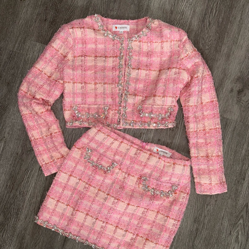 Pink Tweed Skirt and Jacket Set